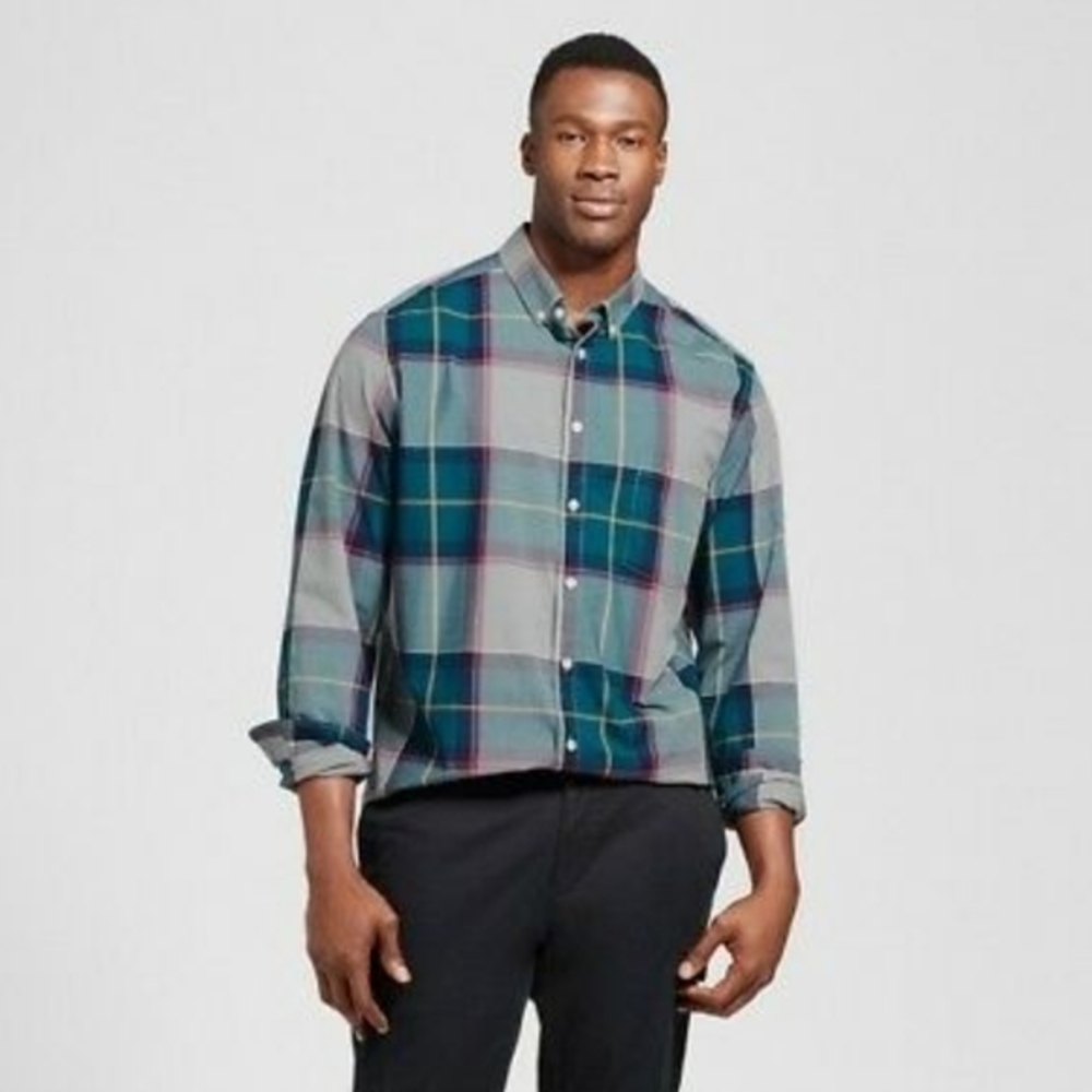 NWT Men's Long Sleeve Button Down Shirt XXL Slim Fit Blue